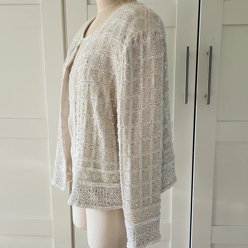 Vintage Cream Beaded Sequin Jacket Pearl Bridal Mob Wife Aesthetic Evening Top - Picture 2 of 5